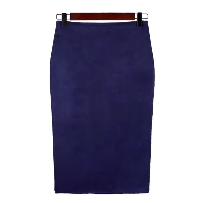 S-XL Women Solid Color Faux Suede Back Split Bodycon Skirt