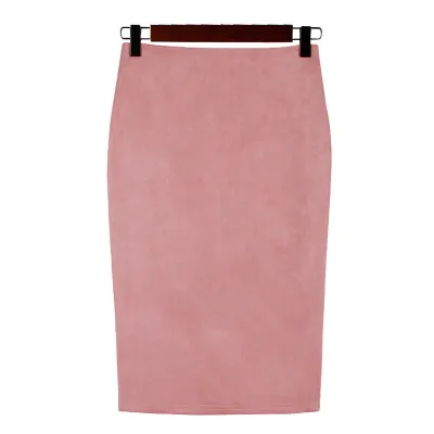 S-XL Women Solid Color Faux Suede Back Split Bodycon Skirt