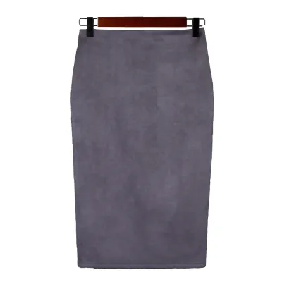 S-XL Women Solid Color Faux Suede Back Split Bodycon Skirt