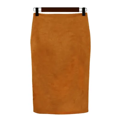 S-XL Women Solid Color Faux Suede Back Split Bodycon Skirt