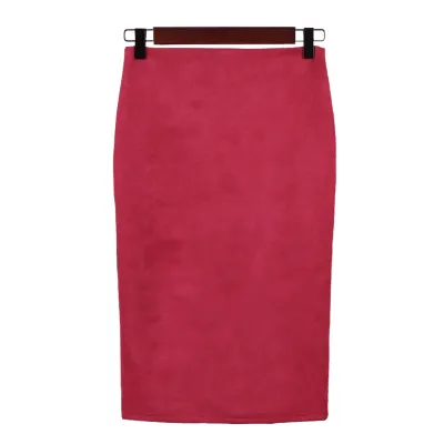 S-XL Women Solid Color Faux Suede Back Split Bodycon Skirt