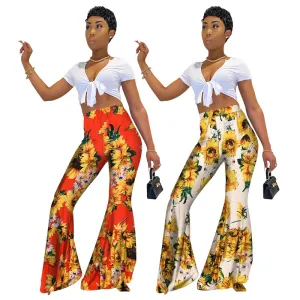 S-XXL Floral Print High-waisted Boho Flare Trousers for Women