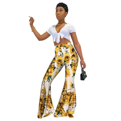 S-XXL Floral Print High-waisted Boho Flare Trousers for Women
