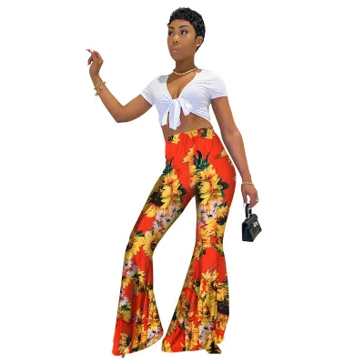 S-XXL Floral Print High-waisted Boho Flare Trousers for Women
