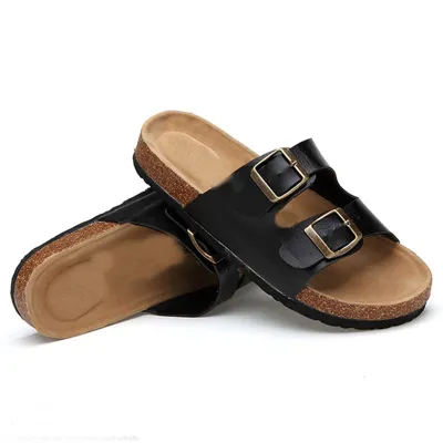 Men Fashion Double Buckle Beach Slippers Shoes Open Toe Nubuck Low Heel