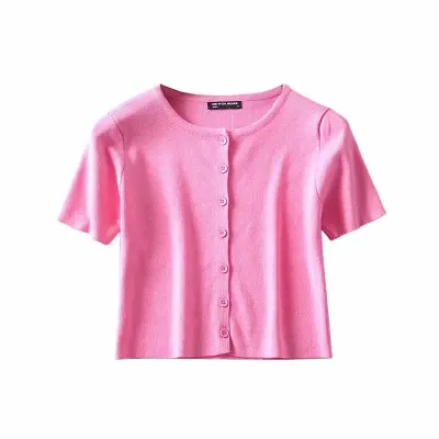 S-M Women Solid Color Single-breasted Short-sleeve Knitted Cardigan
