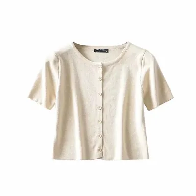 S-M Women Solid Color Single-breasted Short-sleeve Knitted Cardigan