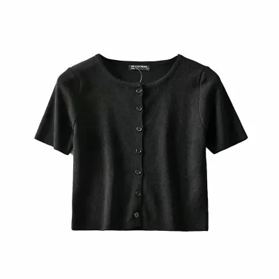 S-M Women Solid Color Single-breasted Short-sleeve Knitted Cardigan