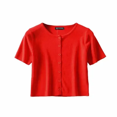 S-M Women Solid Color Single-breasted Short-sleeve Knitted Cardigan