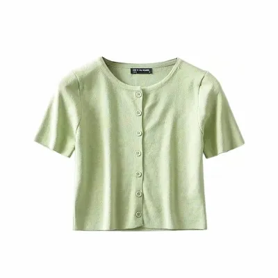 S-M Women Solid Color Single-breasted Short-sleeve Knitted Cardigan
