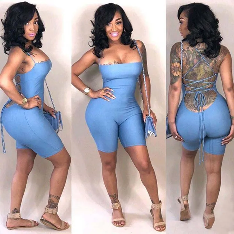 S-3XL Women Sexy Backless Bandage Solid Color Sling Tight Rompers