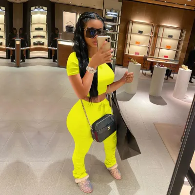 S-3XL Women Solid Color Short-sleeve Crop Top And Tight Pants Two Piece Sets