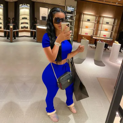 S-3XL Women Solid Color Short-sleeve Crop Top And Tight Pants Two Piece Sets