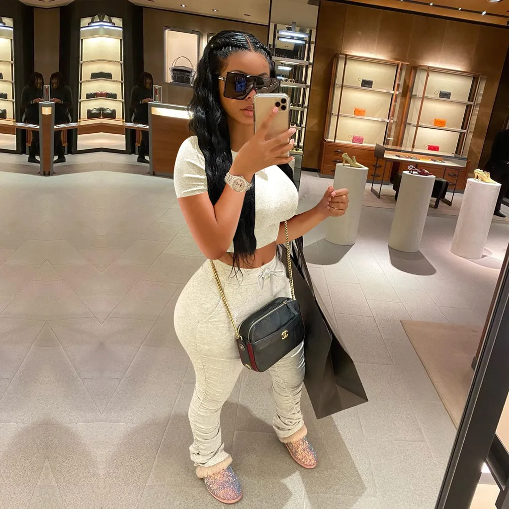 S-3XL Women Solid Color Short-sleeve Crop Top And Tight Pants Two Piece Sets
