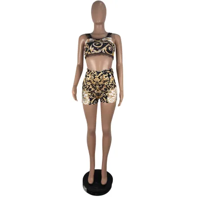S-XL Women Sexy Print Sling Crop Top And Shorts Two Piece Sets