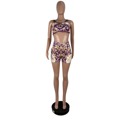S-XL Women Sexy Print Sling Crop Top And Shorts Two Piece Sets