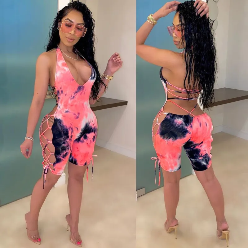 S-XXL Sexy V-Neck Backless Bandage Tie Dye Tight Rompers