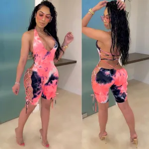 S-XXL Sexy V-Neck Backless Bandage Tie Dye Tight Rompers