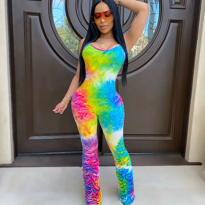 S-XXL Women Tie Dye Crease Sleeveless Sling Tight Rompers