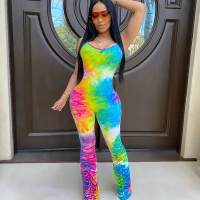 S-XXL Women Tie Dye Crease Sleeveless Sling Tight Rompers