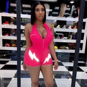S-XL Lightning Pattern Print Zipper Sleeveless Tight Rompers for Women