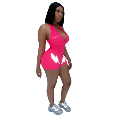 S-XL Lightning Pattern Print Zipper Sleeveless Tight Rompers for Women