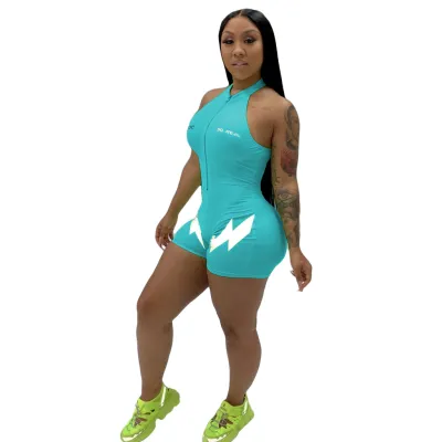 S-XL Lightning Pattern Print Zipper Sleeveless Tight Rompers for Women
