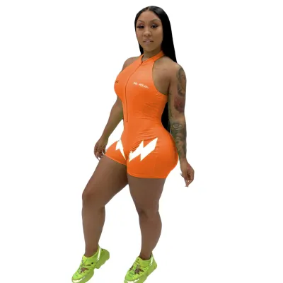 S-XL Lightning Pattern Print Zipper Sleeveless Tight Rompers for Women