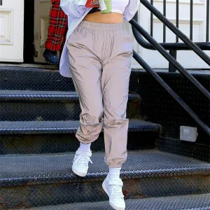 XS-3XL Women Elastic Waist Casual Reflective Jogger Pants Street Hipster Style
