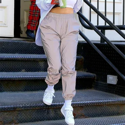 XS-3XL Women Elastic Waist Casual Reflective Jogger Pants Street Hipster Style