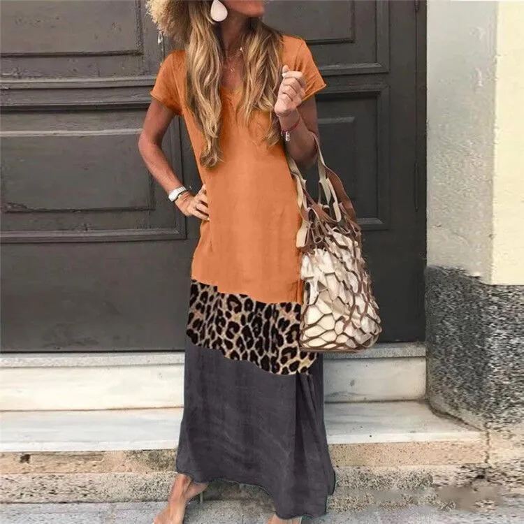 S-5XL Women Leopard Patchwork Short-sleeve Maxi Dress