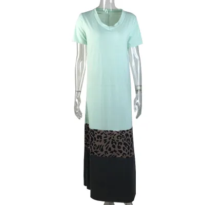 S-5XL Women Leopard Patchwork Short-sleeve Maxi Dress