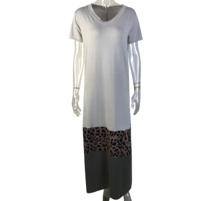 S-5XL Women Leopard Patchwork Short-sleeve Maxi Dress