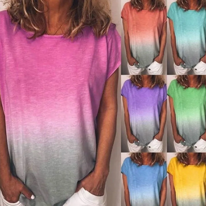S-5XL Women Gradient Color Crew Neck Short-Sleeve Tee