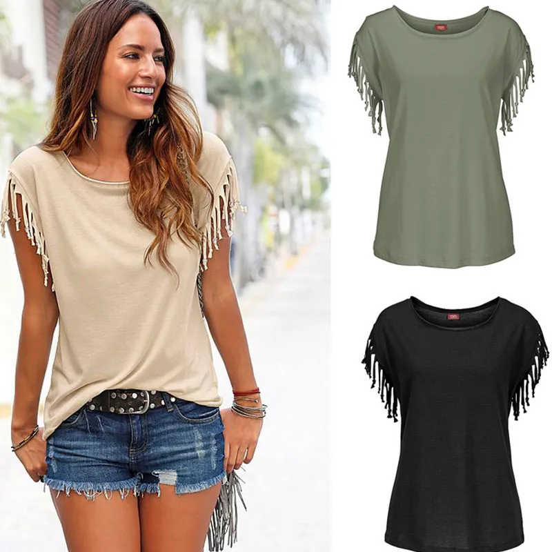 S-5XL Women Solid Color Short-sleeve Tassels Decor Loose Blank Tee