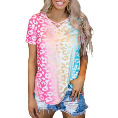 S-3XL Gradient Color V-Neck Short-Sleeve Slim Fit Polyester T-Shirt