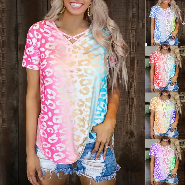 S-3XL Gradient Color V-Neck Short-Sleeve Slim Fit Polyester T-Shirt