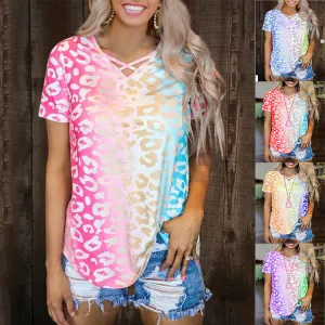 S-3XL Gradient Color V-Neck Short-Sleeve Slim Fit Polyester T-Shirt