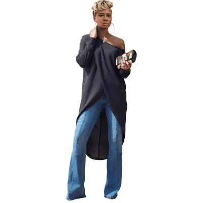 S-XXL Solid Color Crew Neck Long-sleeve High-low Hemline Blouse