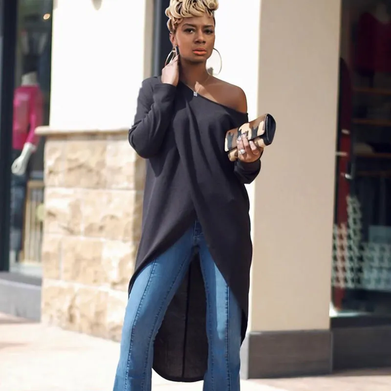 S-XXL Solid Color Crew Neck Long-sleeve High-low Hemline Blouse