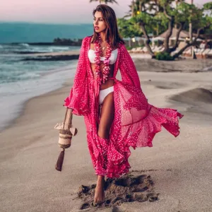 Women Polka Dot Printed Long Sleeve Ruffle Drawstring Sun-Protective Cover-Up