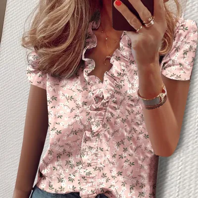 S-3XL Women's V-Neck Ruffle Short Sleeve Blouse for OL Commuting