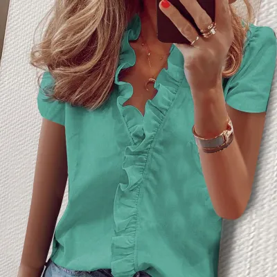 S-3XL Women's V-Neck Ruffle Short Sleeve Blouse for OL Commuting