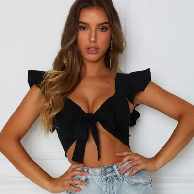 S-XXL Women Sexy Solid Color Ruffle Lace-up Crop Top