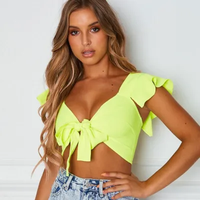 S-XXL Women Sexy Solid Color Ruffle Lace-up Crop Top