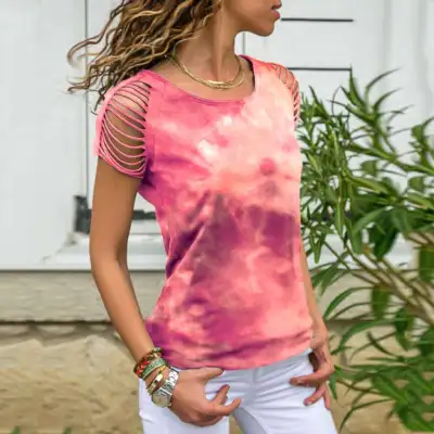 S-5XL Women Round Neck Short-sleeve Tie Dye Hollow Cotton Blend Tee