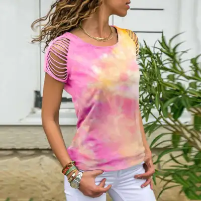 S-5XL Women Round Neck Short-sleeve Tie Dye Hollow Cotton Blend Tee