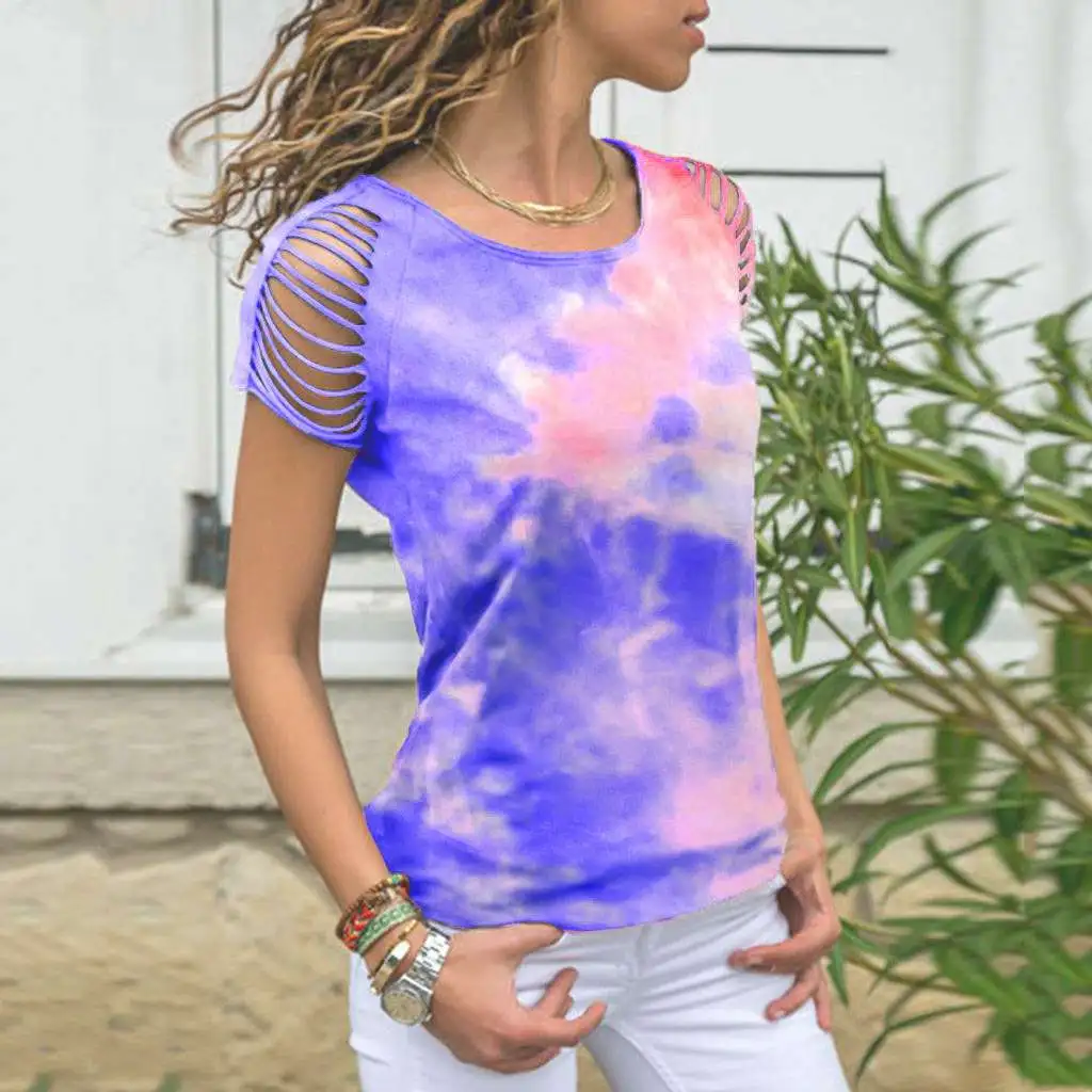 S-5XL Women Round Neck Short-sleeve Tie Dye Hollow Cotton Blend Tee
