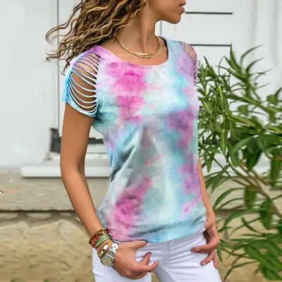 S-5XL Women Round Neck Short-sleeve Tie Dye Hollow Cotton Blend Tee