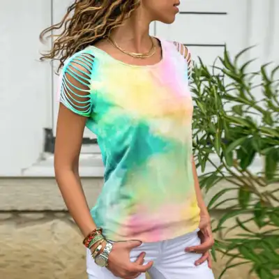 S-5XL Women Round Neck Short-sleeve Tie Dye Hollow Cotton Blend Tee